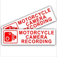 2 x Motorcycle Camera Recording-150mm x 43mm Red on White-Security Stickers-CCTV Signs-Motorbike